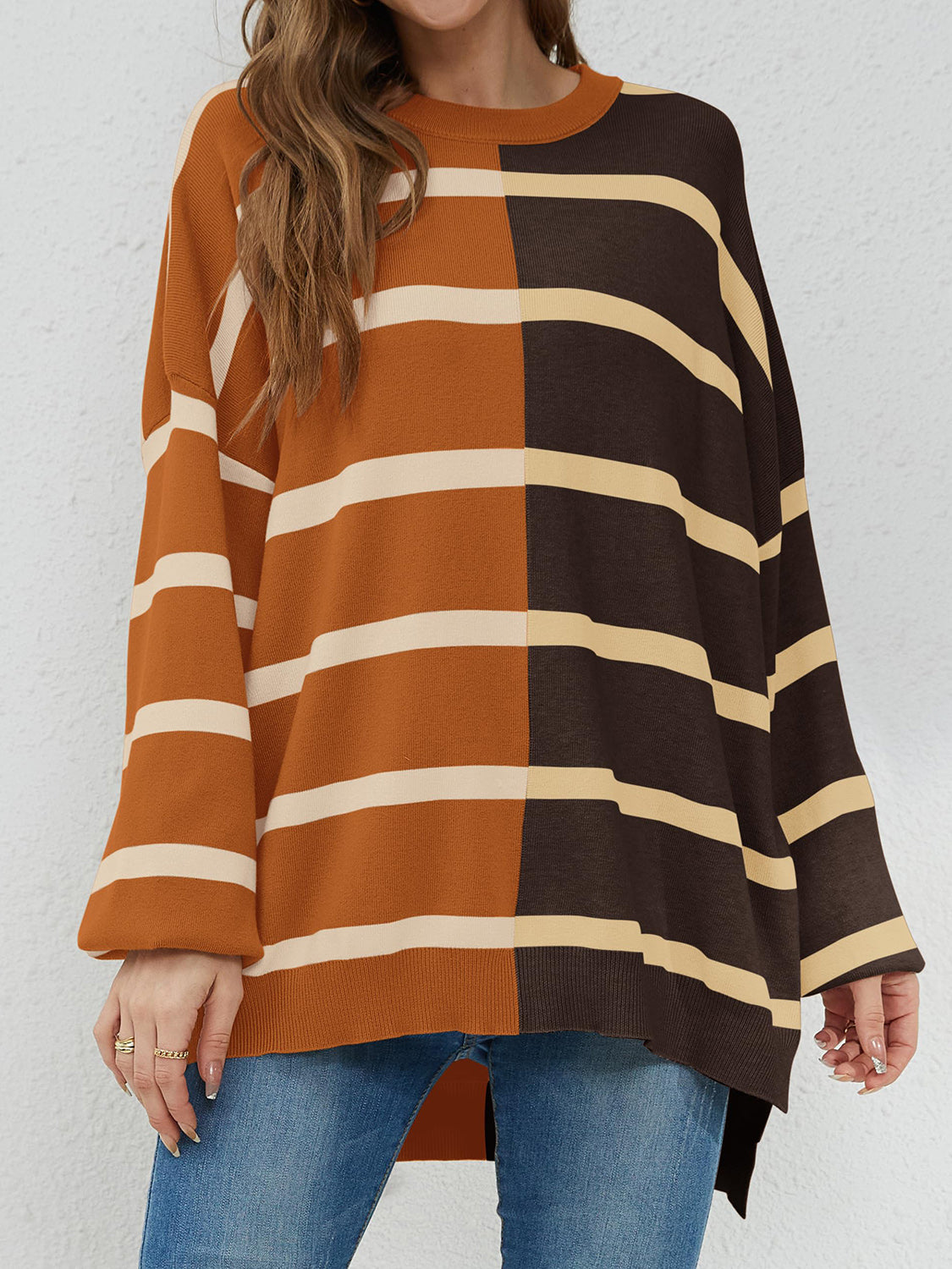 Striped Round Neck Long Sleeve Sweater - ClassiQ