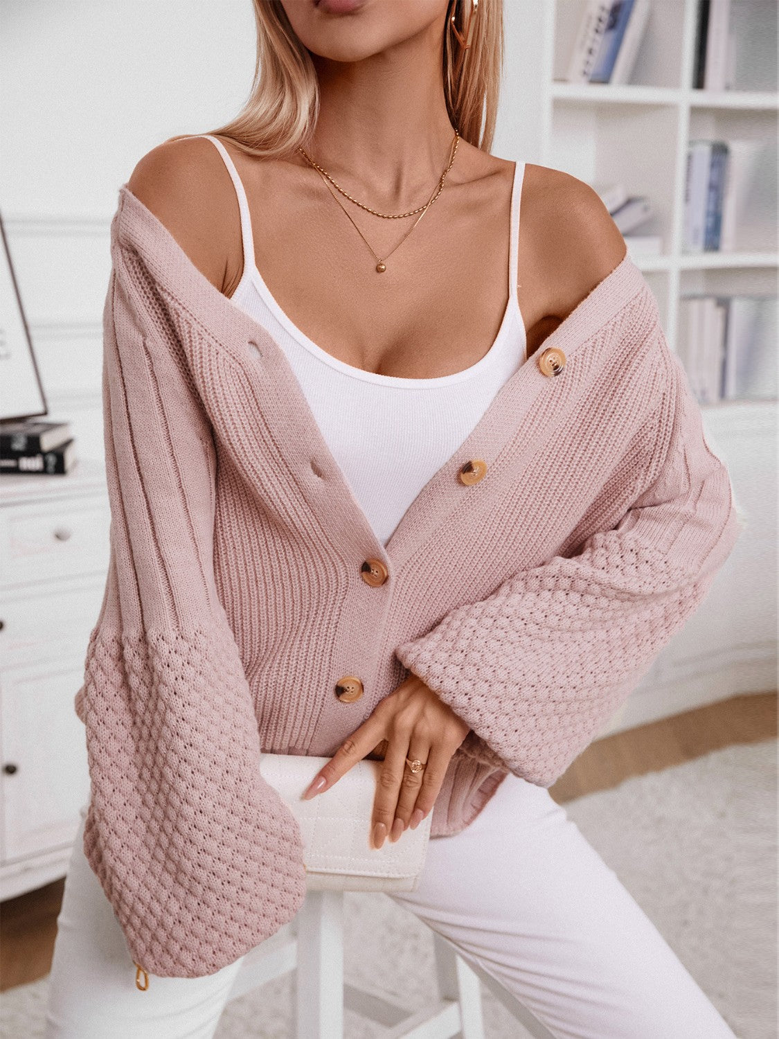 V-Neck Button Up Raglan Sleeve Cardigan - Classique Collection
