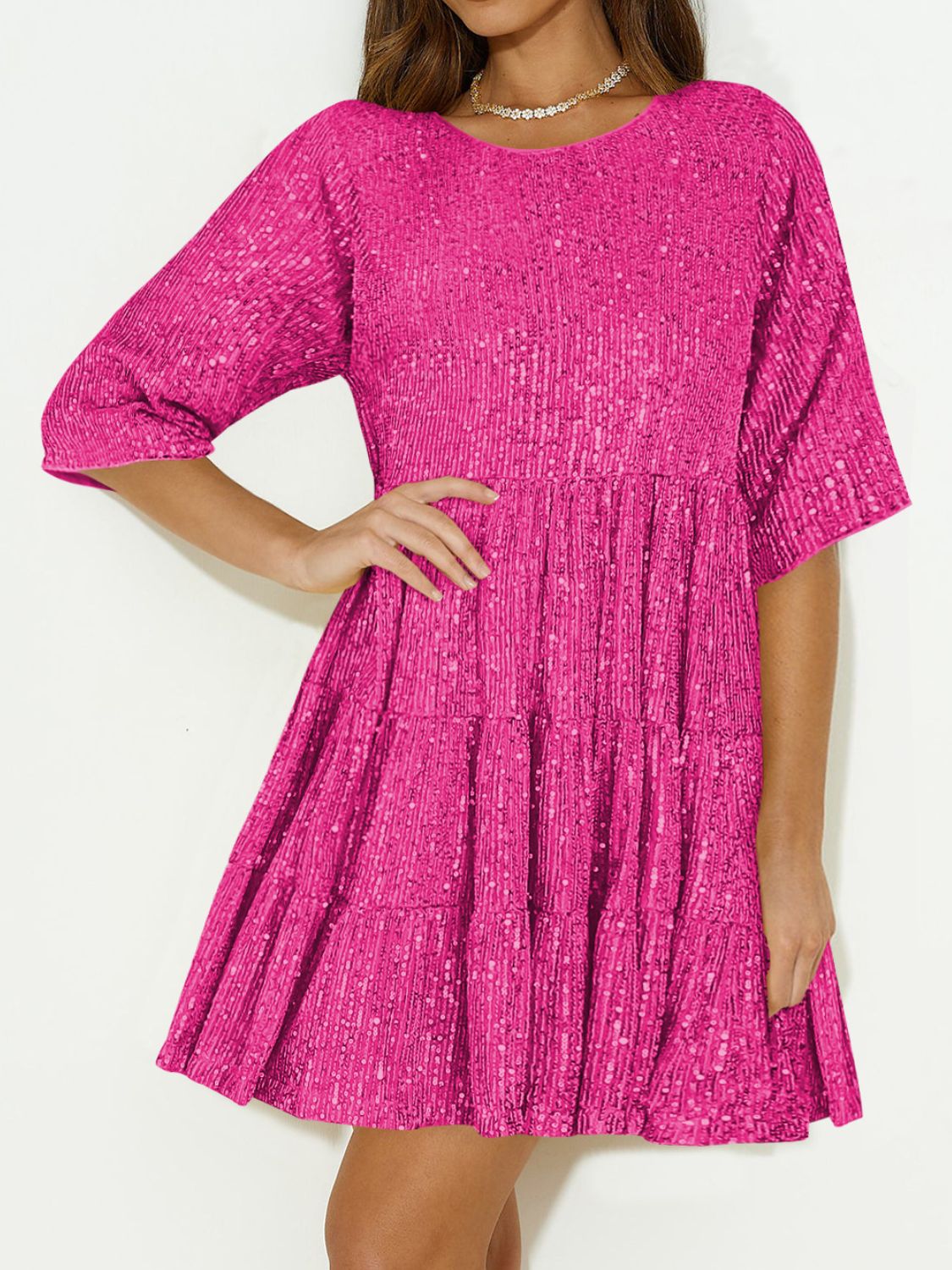 Sequin Round Neck Half Sleeve Mini Dress - Classique Collection