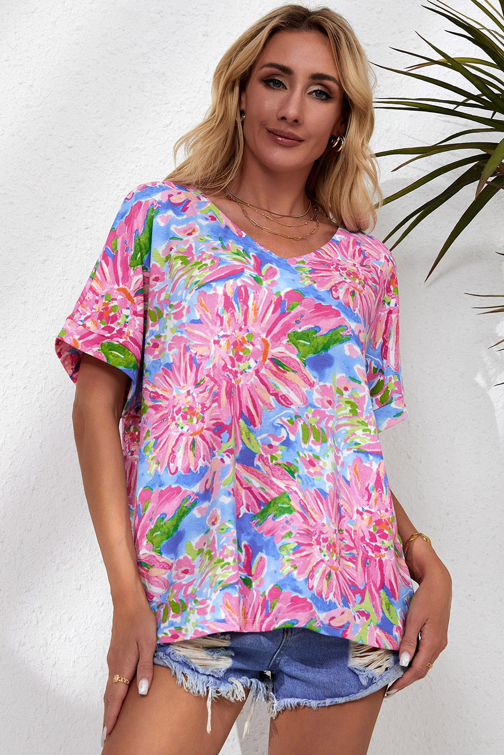 Floral V-Neck Short Sleeve Blouse - Classique Collection