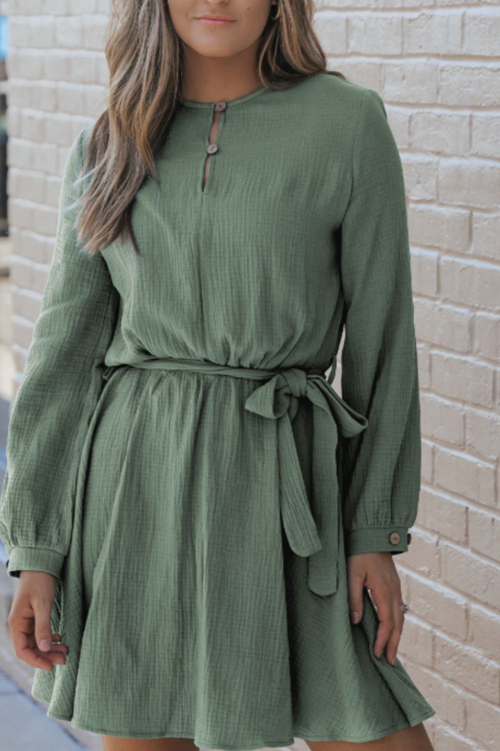 Round Neck Long Sleeve Tie Waist Dress - Classique Collection