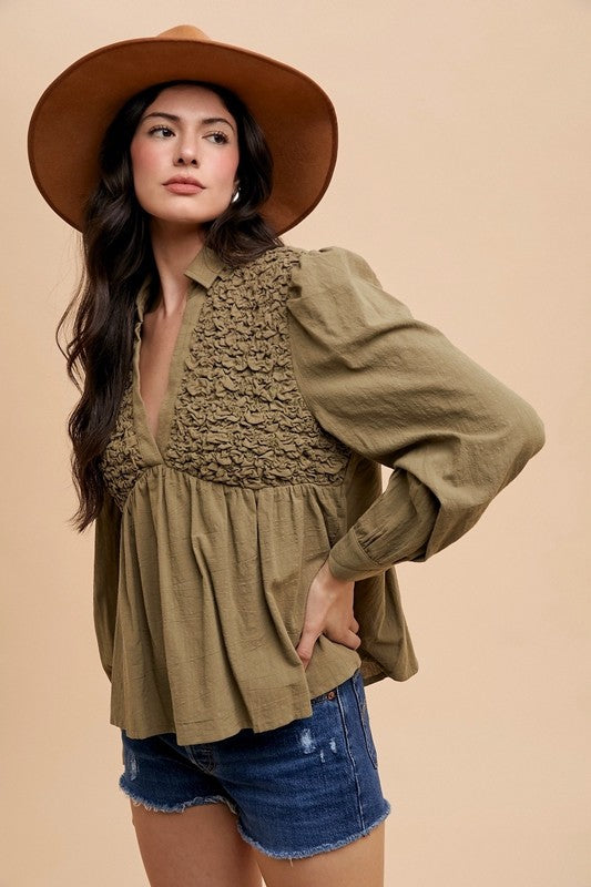 Annie Wear Smocked Front Long Sleeve Babydoll Blouse - ClassiQ