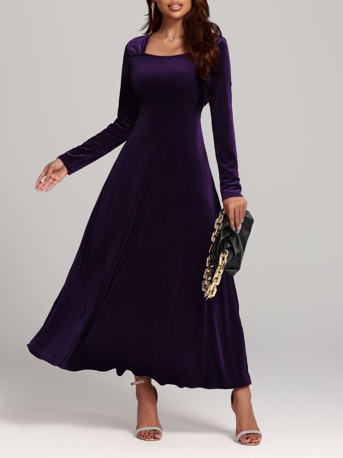 Square Neck Long Sleeve Velvet Dress - Classique Collection