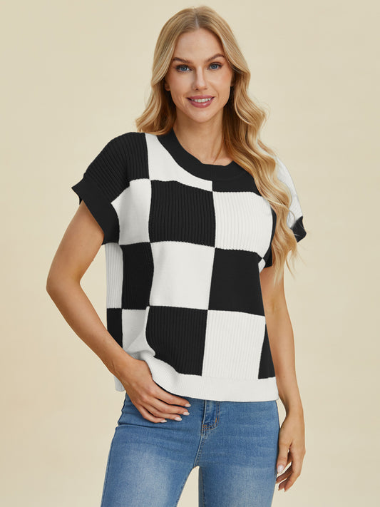 Double Take Full Size Checkered Round Neck Short Sleeve Sweater - ClassiQ