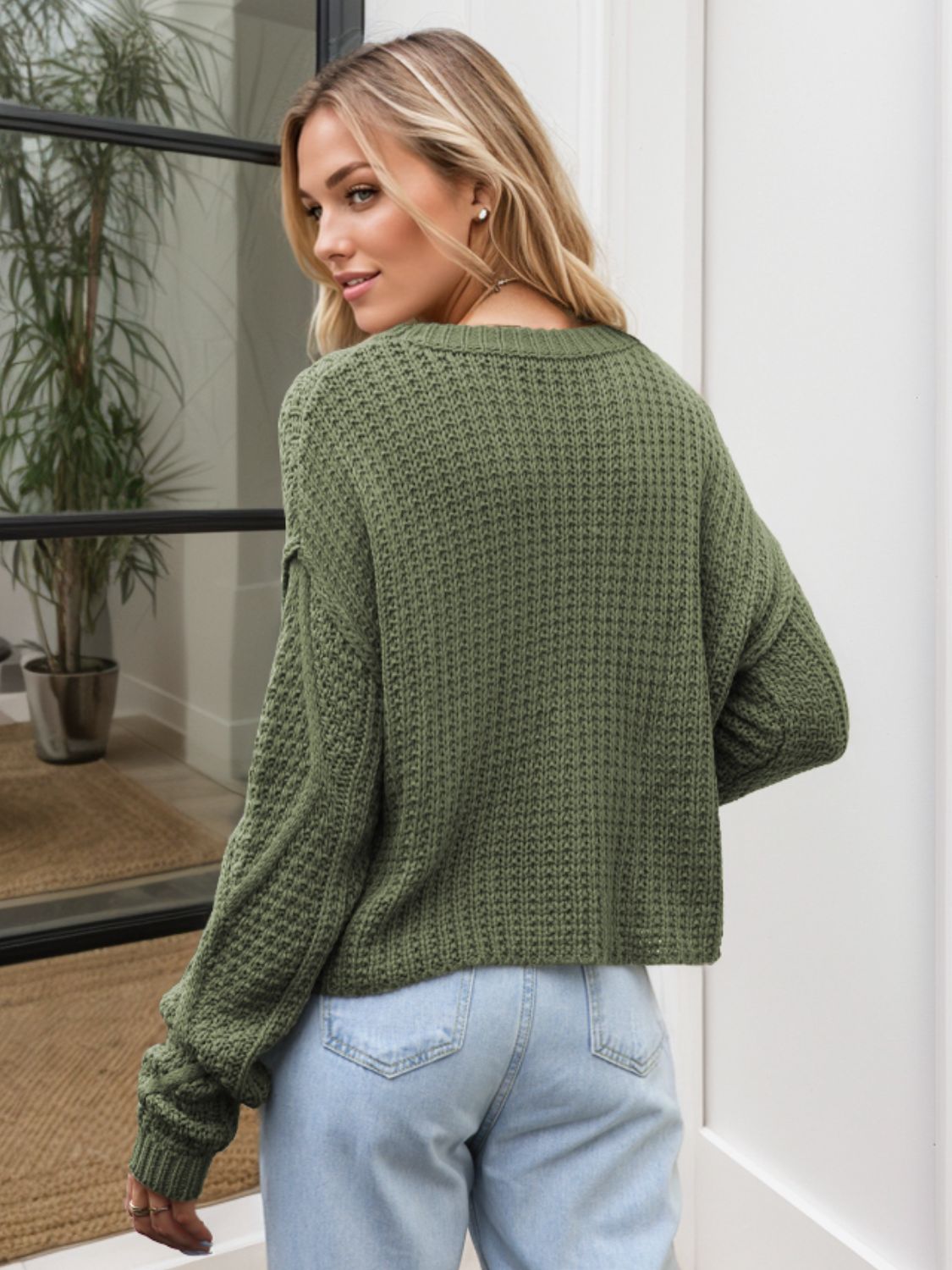 Cable-Knit Round Neck Dropped Shoulder Sweater - ClassiQ