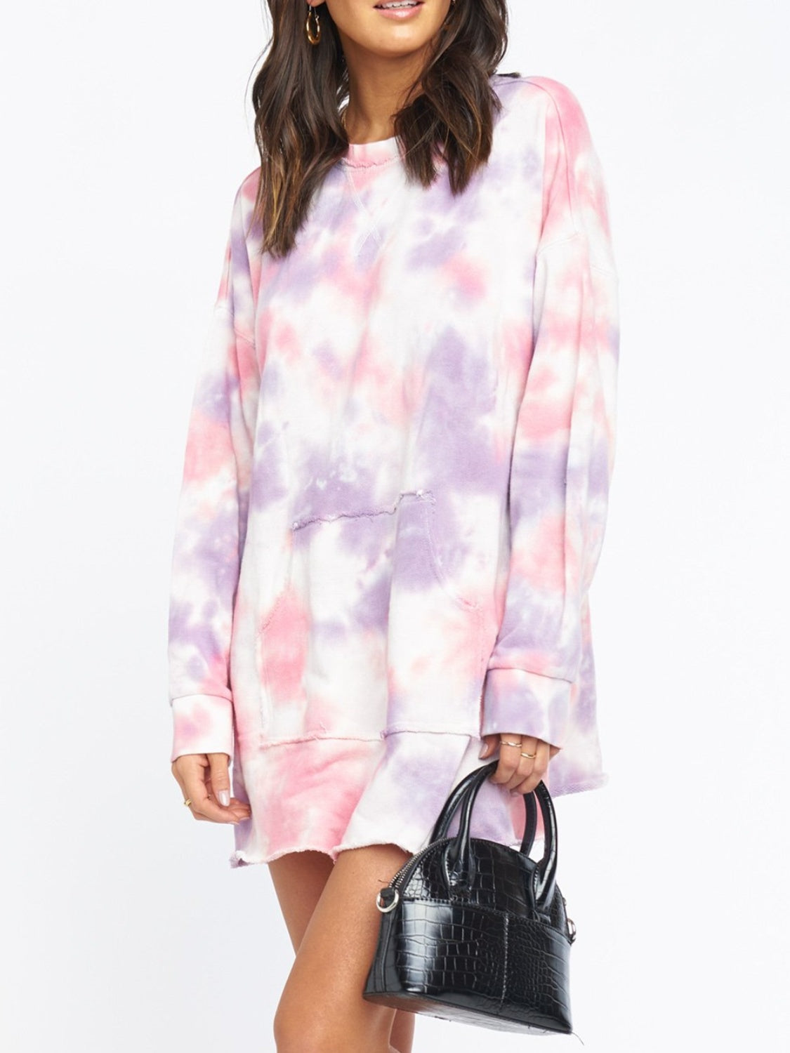 Pocketed Tie-Dye Round Neck Long Sleeve Dress - Classique Collection