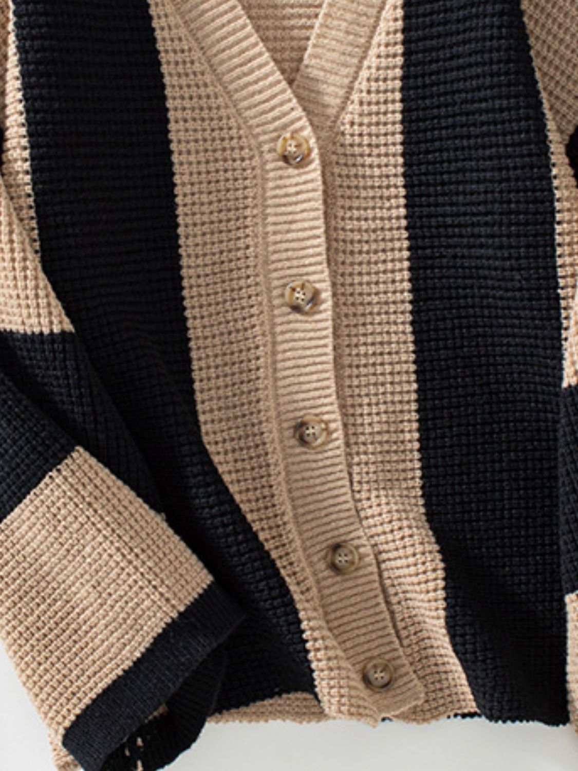 Waffle-Knit V-Neck Striped Long Sleeve Cardigan - Classique Collection