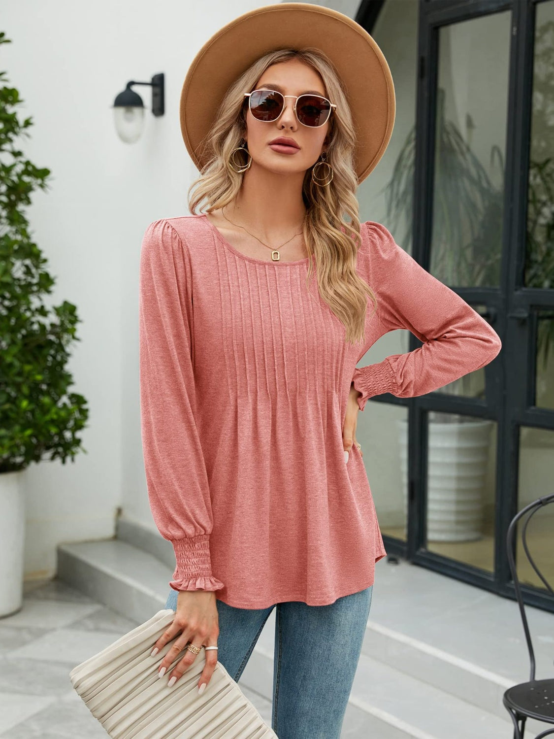 Smocked Round Neck Lantern Sleeve Blouse - Classique Collection