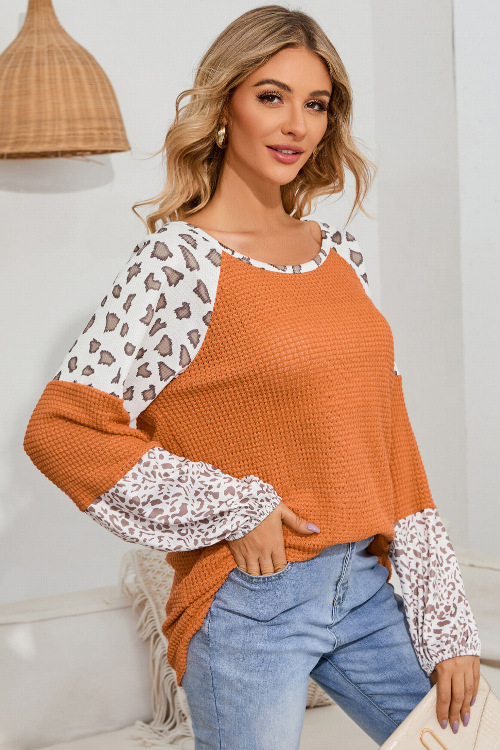 Leopard Waffle-Knit Long Sleeve Blouse - Classique Collection