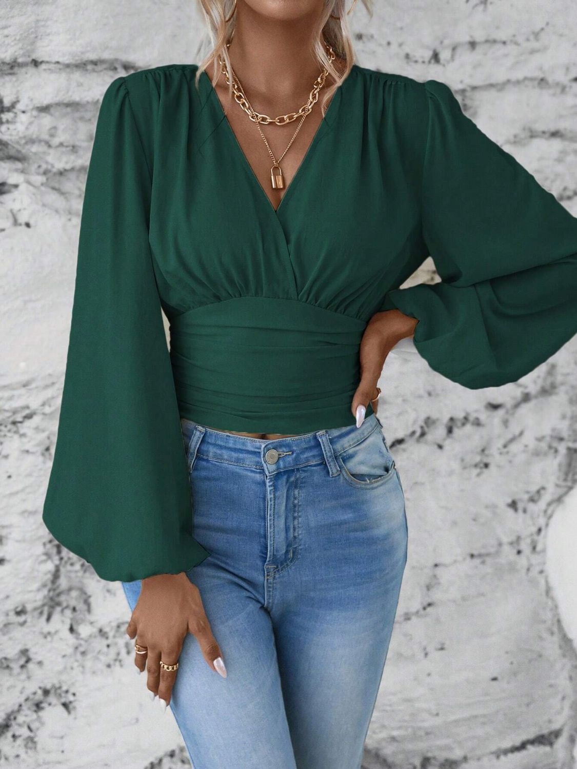 Smocked Surplice Balloon Sleeve Top - Classique Collection