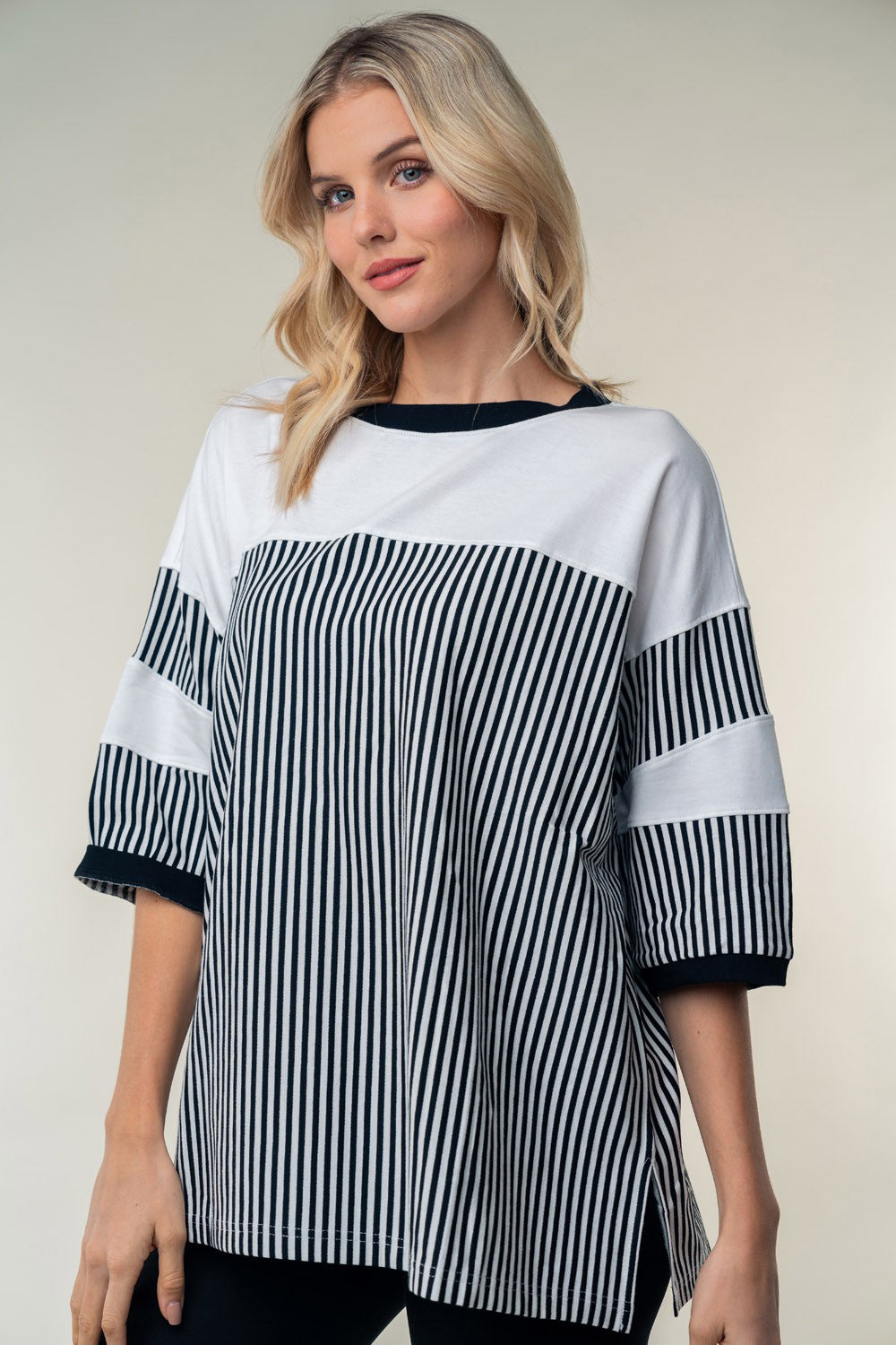 White Birch Full Size Striped Contrast Round Neck Top - Classique Collection