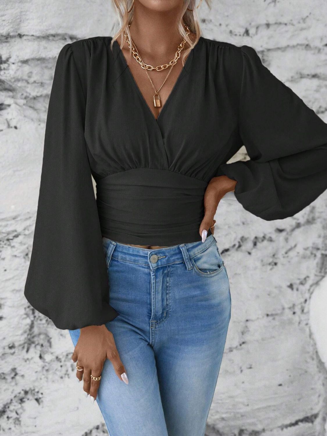 Smocked Surplice Balloon Sleeve Top - Classique Collection