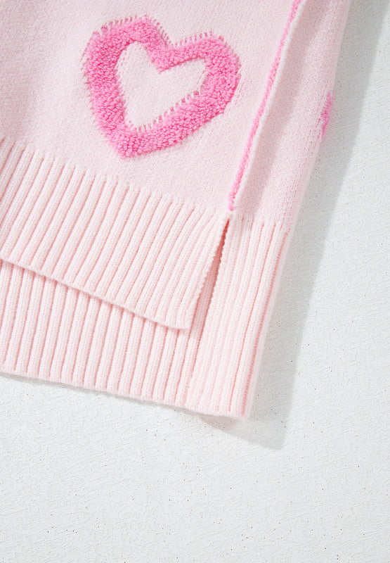 High-Low Heart Round Neck Long Sleeve Sweater - ClassiQ
