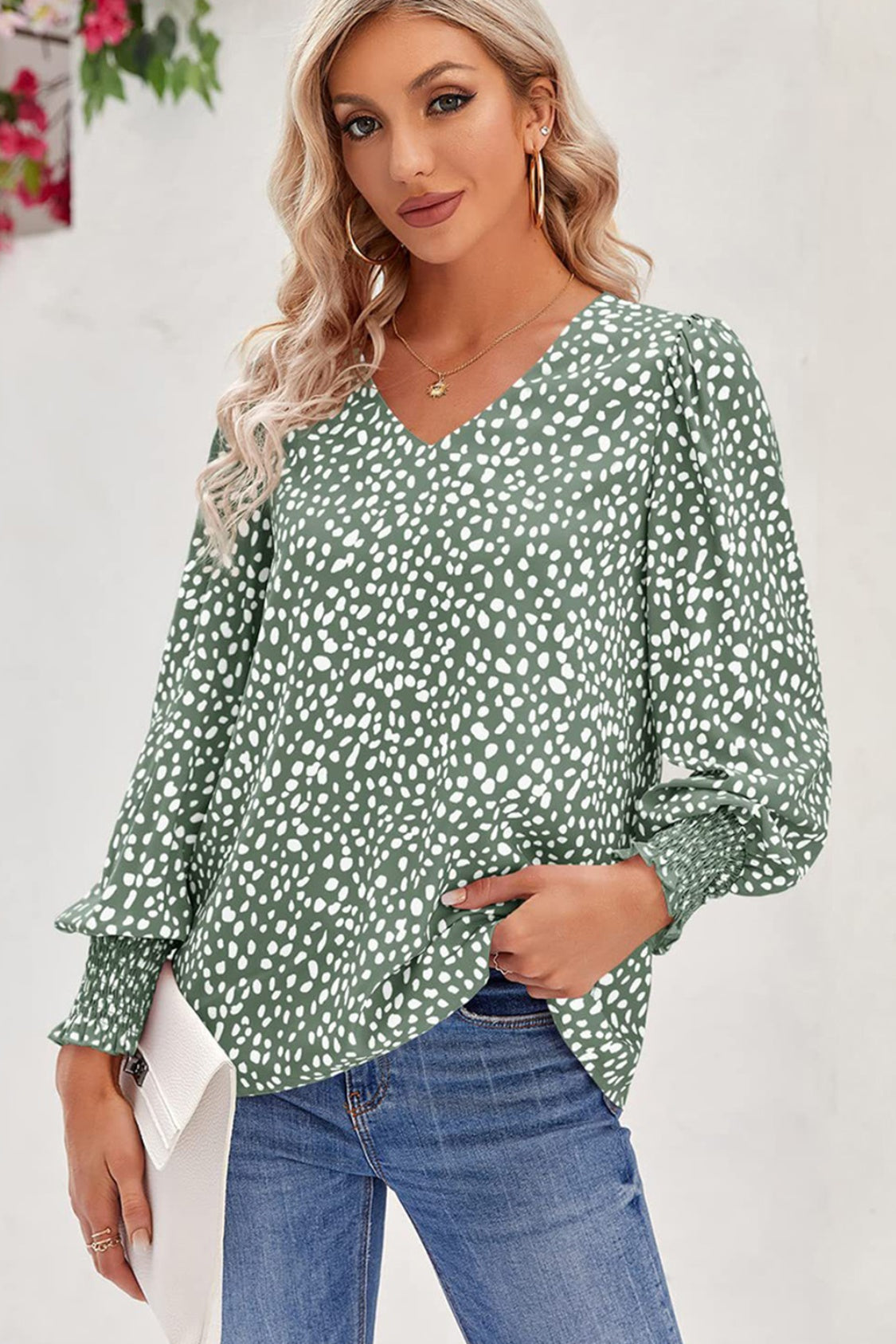 Printed V-Neck Smocked Lantern Sleeve Blouse - Classique Collection