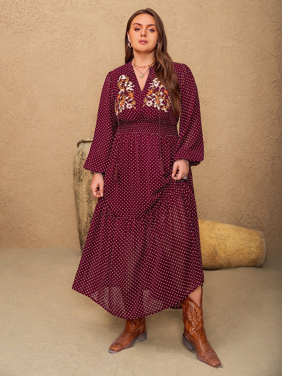 Plus Size Embroidered Polka Dot Tie Neck Long Sleeve Midi Dress - Classique Collection