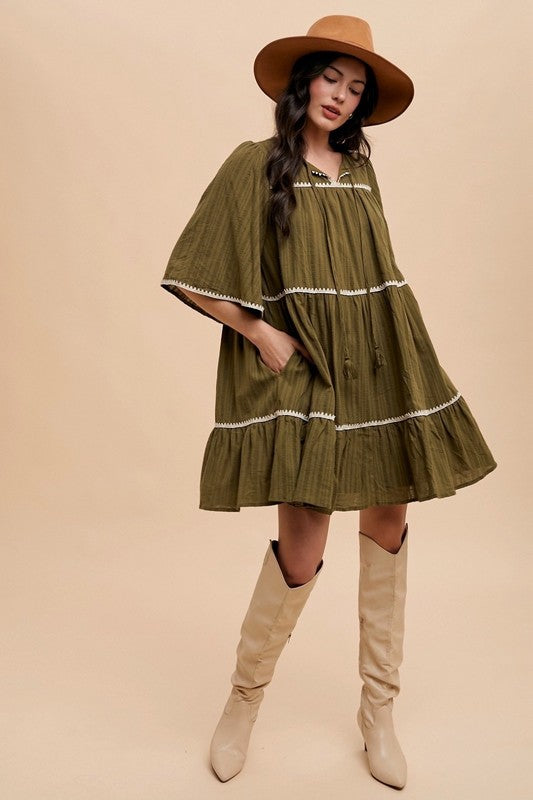 Annie Wear Tassel Contrast Trim Tie Neck Half Sleeve Tiered Dress - ClassiQ