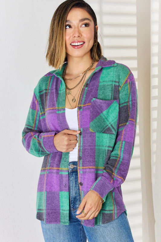 Zenana Plaid Button Up Long Sleeve Shacket - Classique Collection