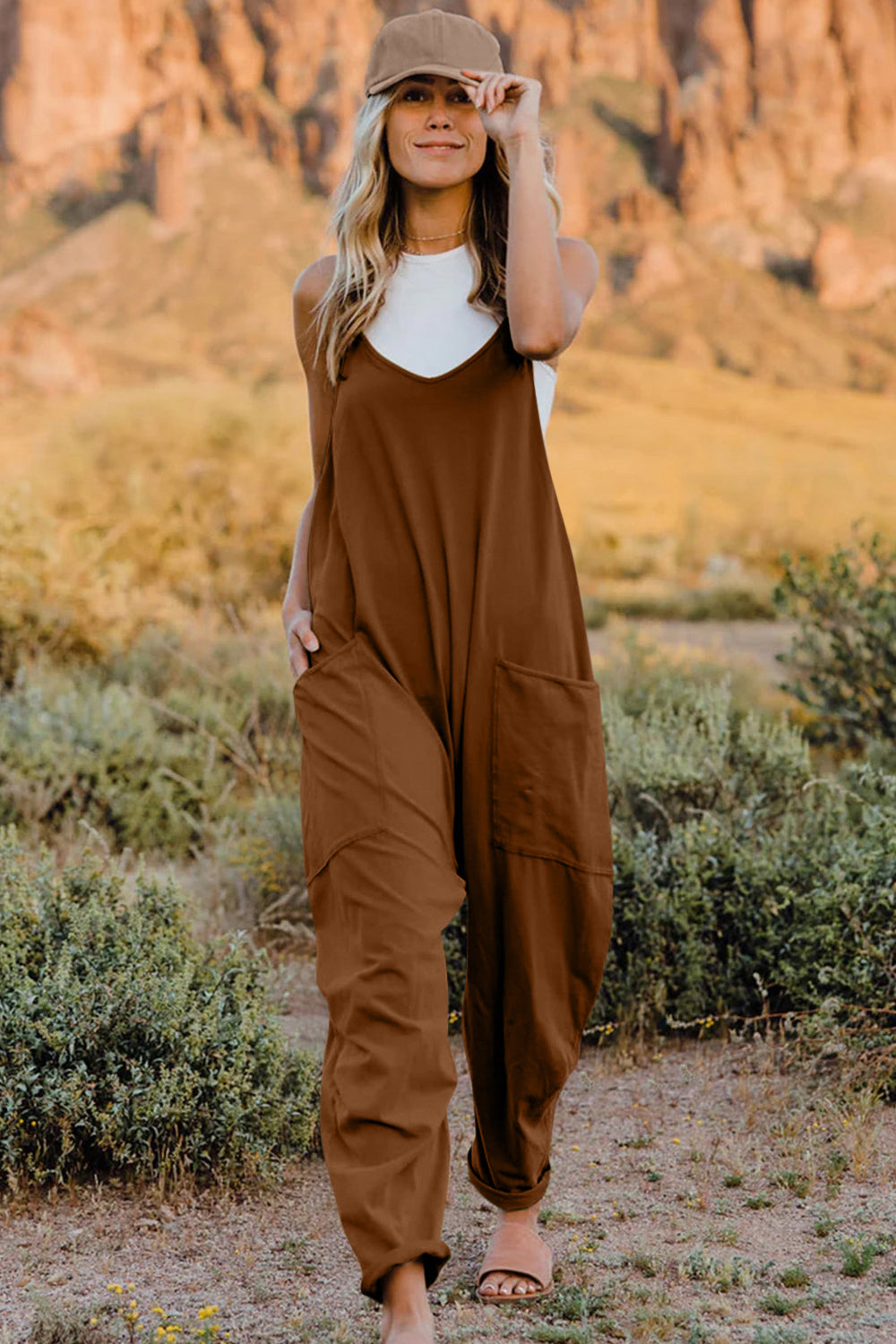 Double Take Full Size V-Neck Sleeveless Jumpsuit with Pockets - ClassiQ