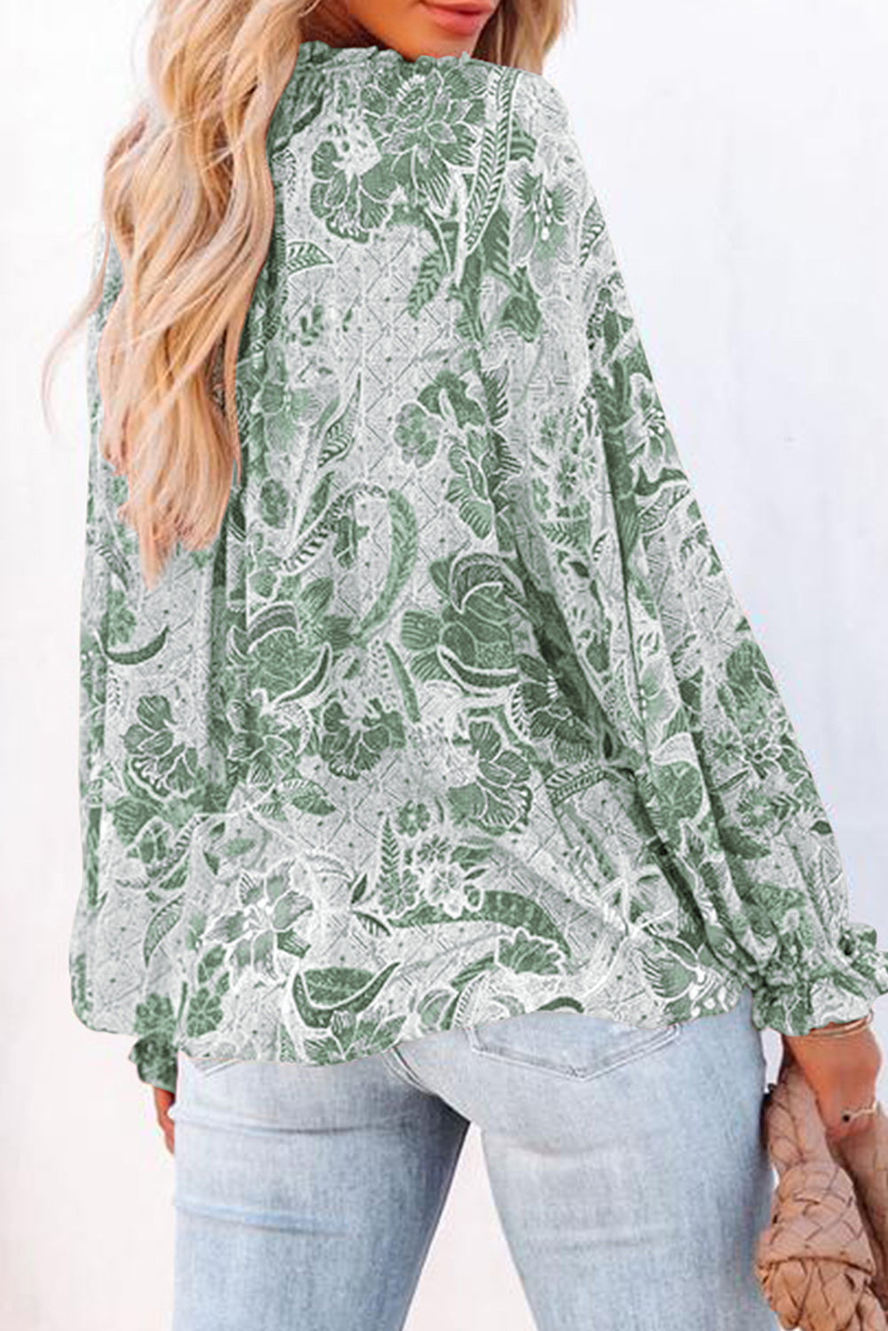 Floral Tie Neck Flounce Sleeve Blouse - Classique Collection