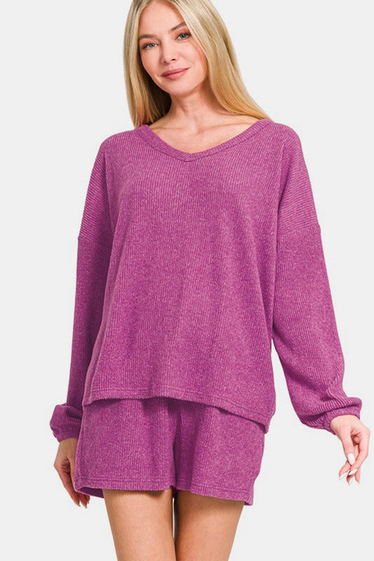 Zenana V-Neck Long Sleeve Ribbed Top and Shorts Set - Classique Collection