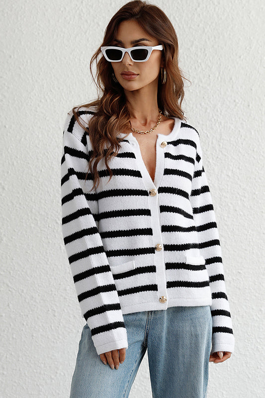 Striped Button Down Long Sleeve Cardigan - ClassiQ
