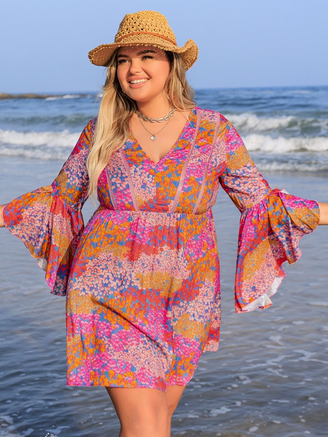 Plus Size Ruched Printed Long Sleeve Dress - Classique Collection