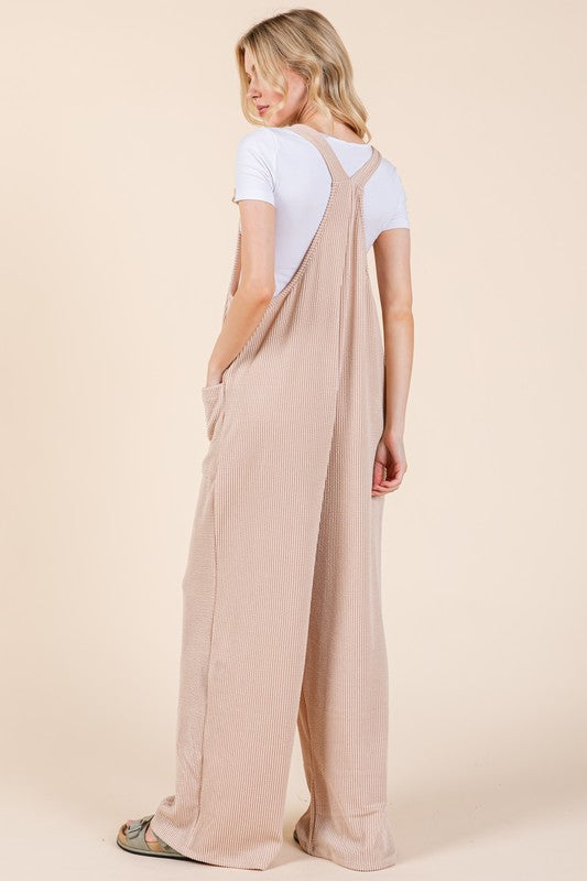 BOMBOM Knot Straps Wide Leg Ribbed Overalls with Pockets - ClassiQ