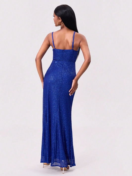 Slit Sequin Square Neck Spaghetti Strap Dress - Classique Collection