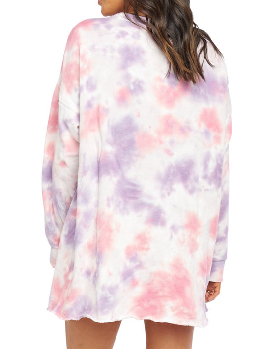Pocketed Tie-Dye Round Neck Long Sleeve Dress - Classique Collection