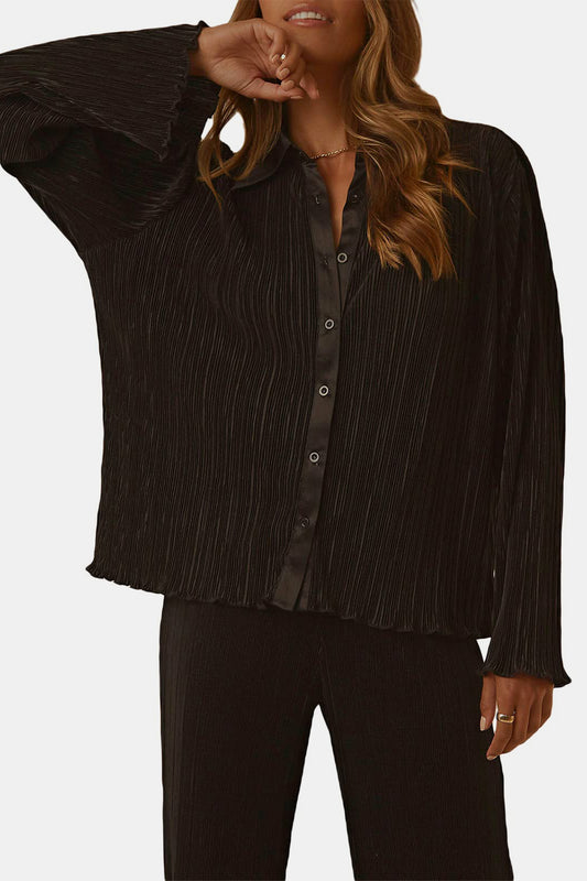Textured Button Up Collared Neck Top and Pants Set - ClassiQ