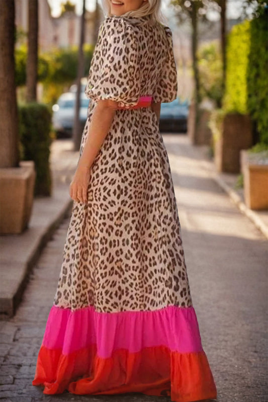 Full Size Leopard V-Neck Half Sleeve Maxi Dress - Classique Collection