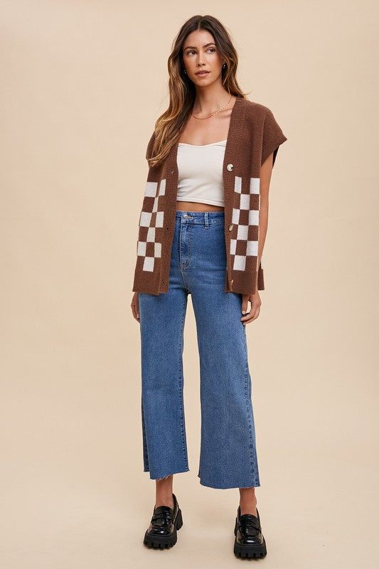 Annie Wear Checkered Button Down Short Sleeve Cardigan - ClassiQ