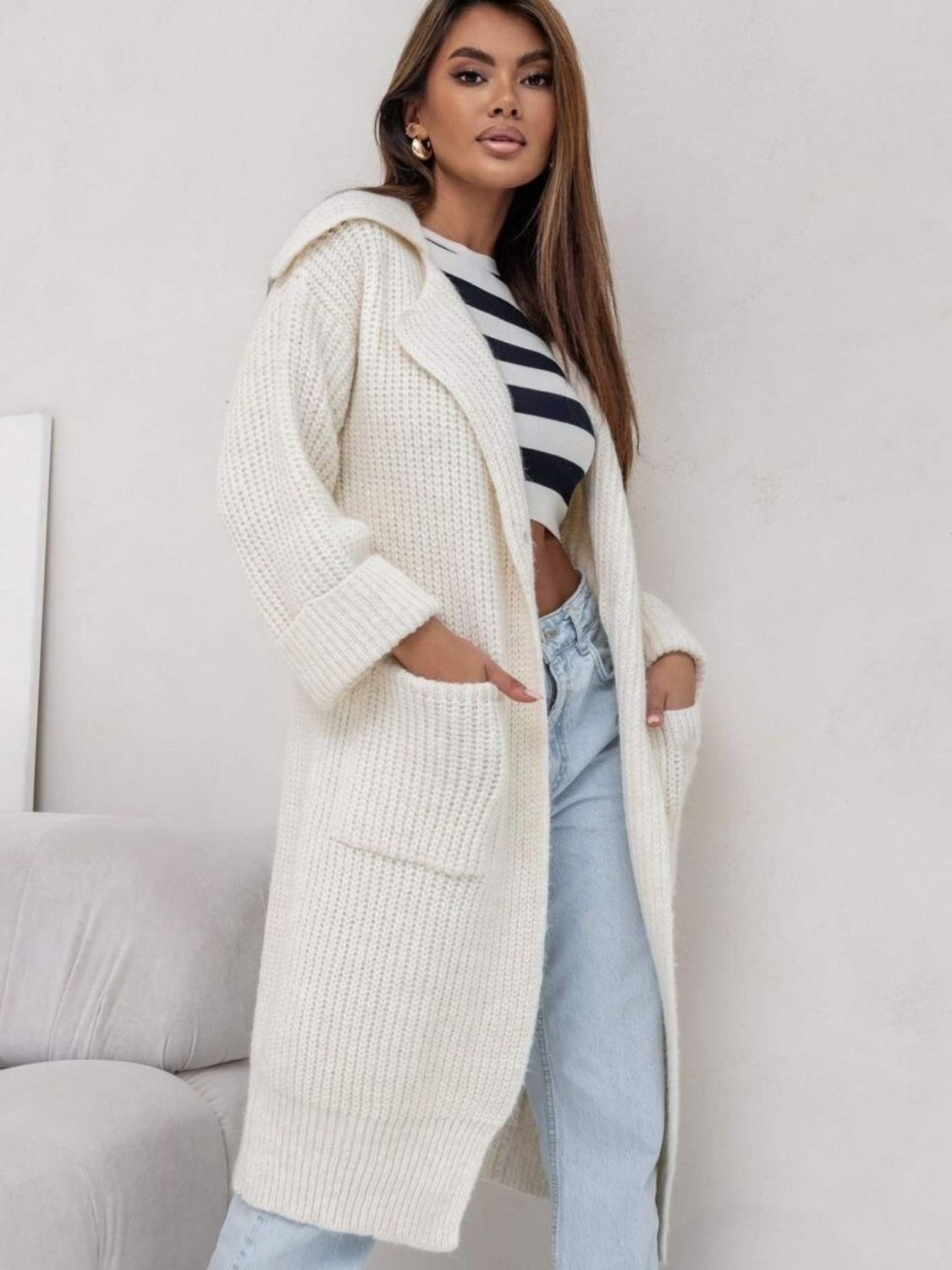 Pocketed Collared Neck Dropped Shoulder Cardigan - ClassiQ