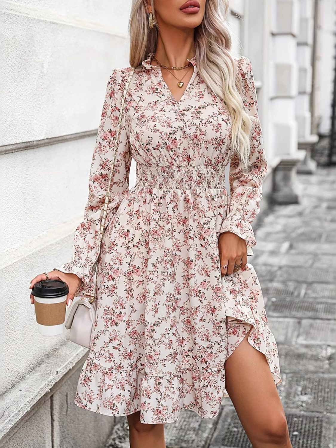 Ruffle Hem Floral Surplice Long Sleeve Dress - Classique Collection