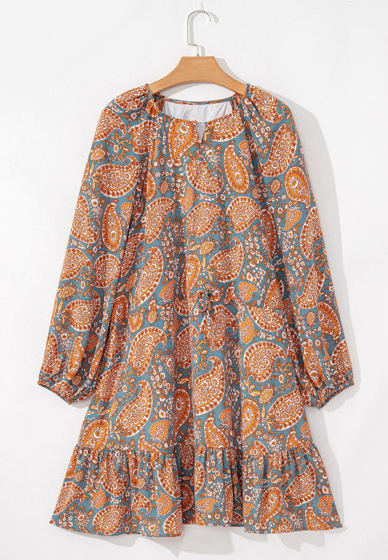 Ruffle Hem Printed Long Sleeve Dress - Classique Collection