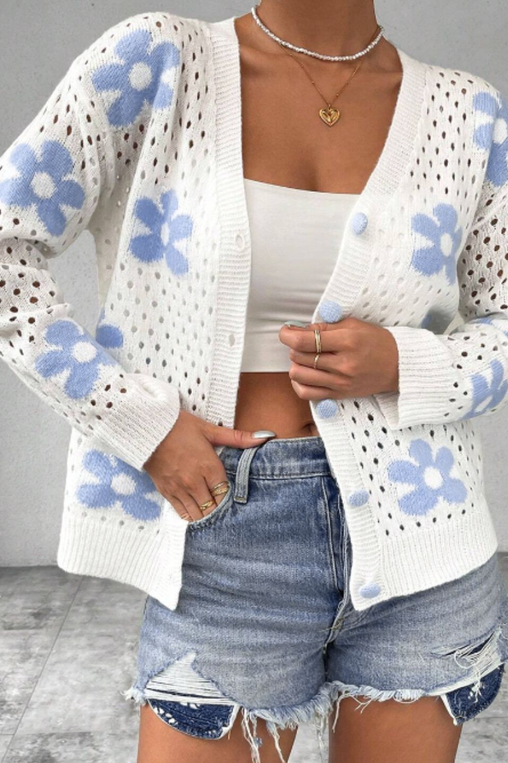 Flower Hollowed Out Button Down Long Sleeve Cardigan - Classique Collection