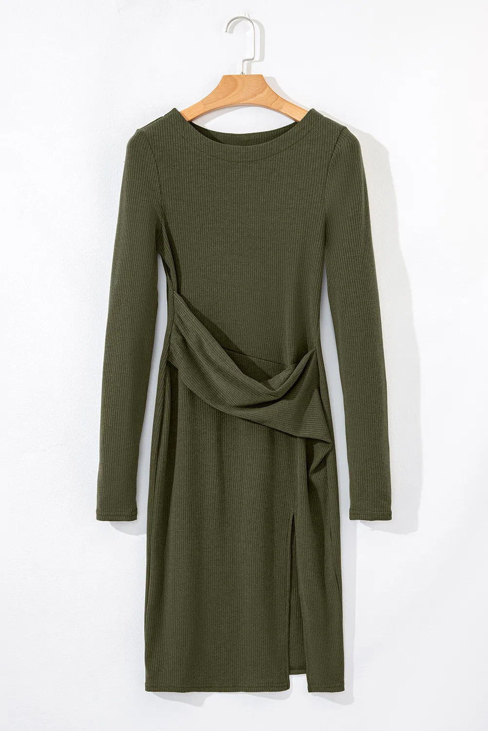 Slit Round Neck Long Sleeve Mini Dress - Classique Collection