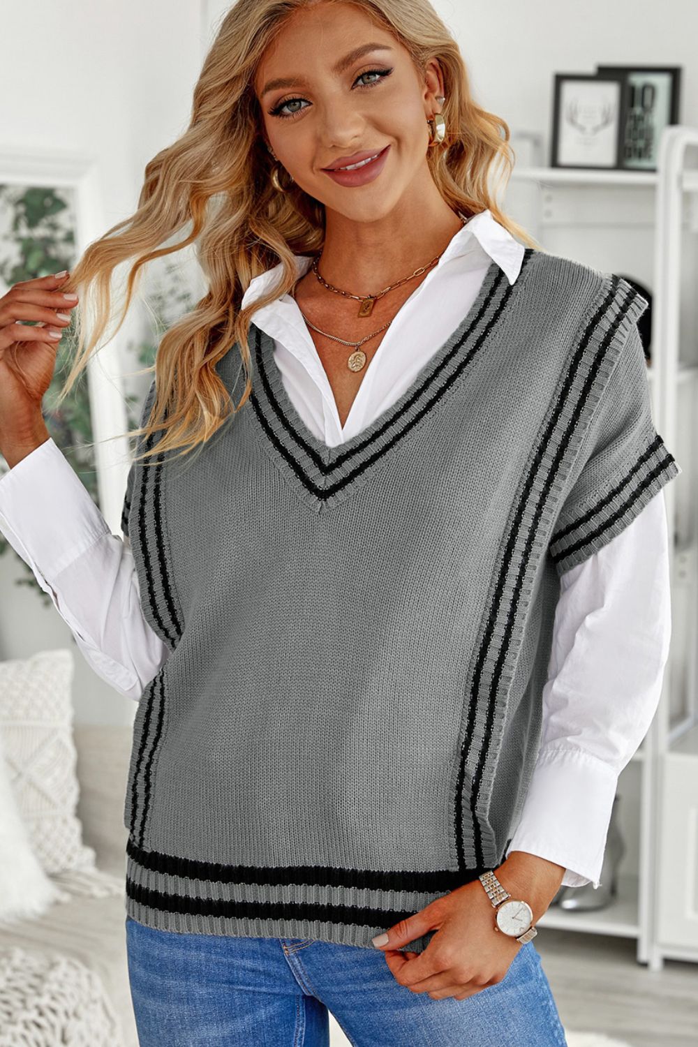 Striped Trim V-Neck Sweater Vest - ClassiQ