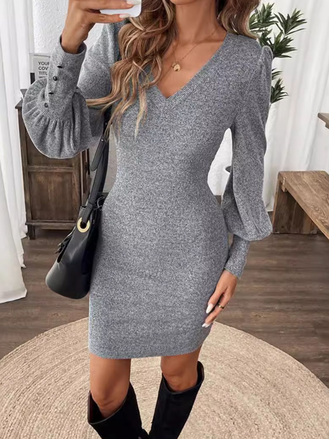 V-Neck Lantern Sleeve Dress - Classique Collection
