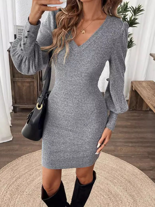 V-Neck Lantern Sleeve Dress - Classique Collection