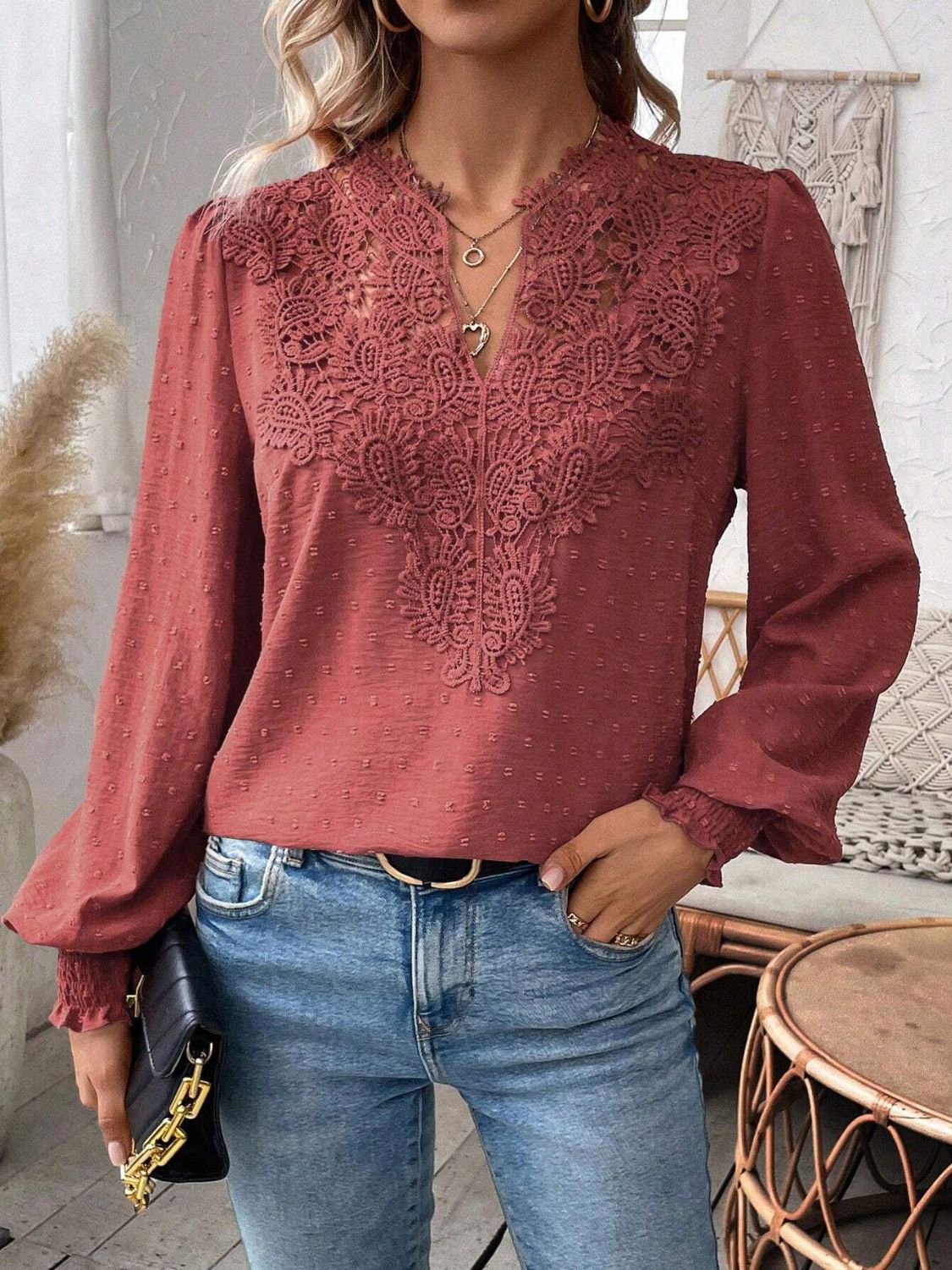 Swiss Dot Lace Detail Notched Long Sleeve Blouse - Classique Collection