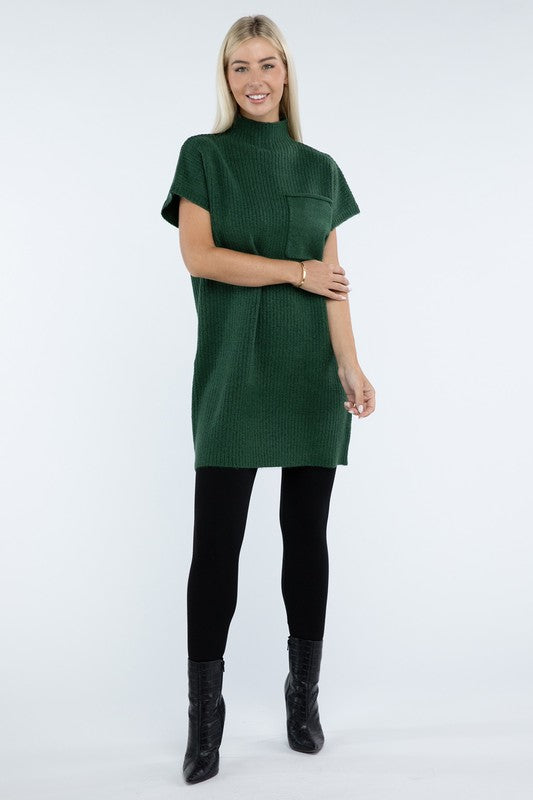 Mock Neck Short Sleeve Sweater Dress with Pocket - Classique Collection
