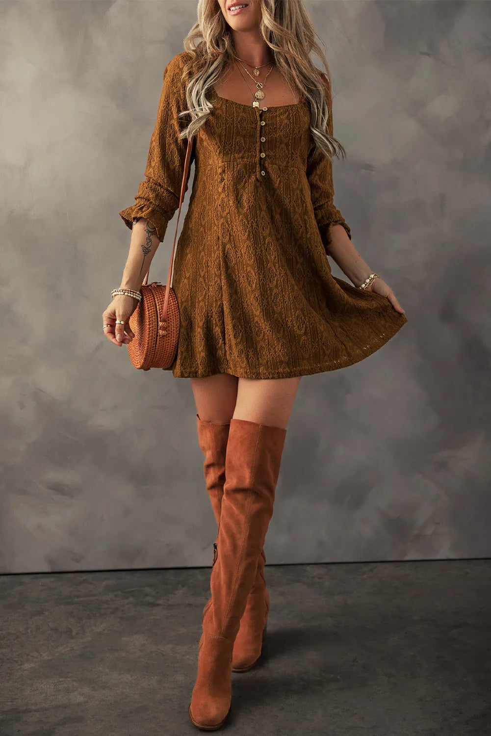 Textured Square Neck Mini Dress - Classique Collection