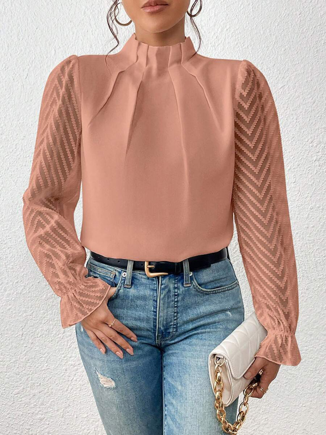 Mock Neck Flounce Sleeve Blouse - Classique Collection