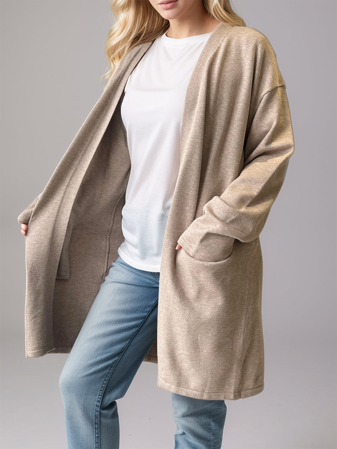 Open Front Long Sleeve Cardigan with Pockets - ClassiQ