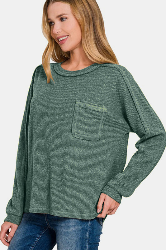 Zenana Full Size Contrast Stitching Brushed Ribbed Hacci Knit Top - Classique Collection