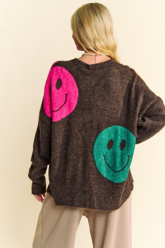 Davi & Dani Contrast Smile Round Neck Oversize Sweater - ClassiQ