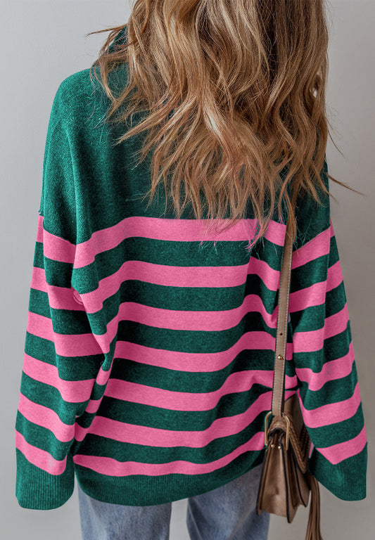 Contrast Striped Quarter Zip Long Sleeve Sweater - ClassiQ