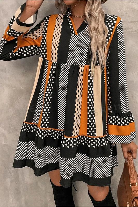 Printed Notched Long Sleeve Mini Dress - Classique Collection