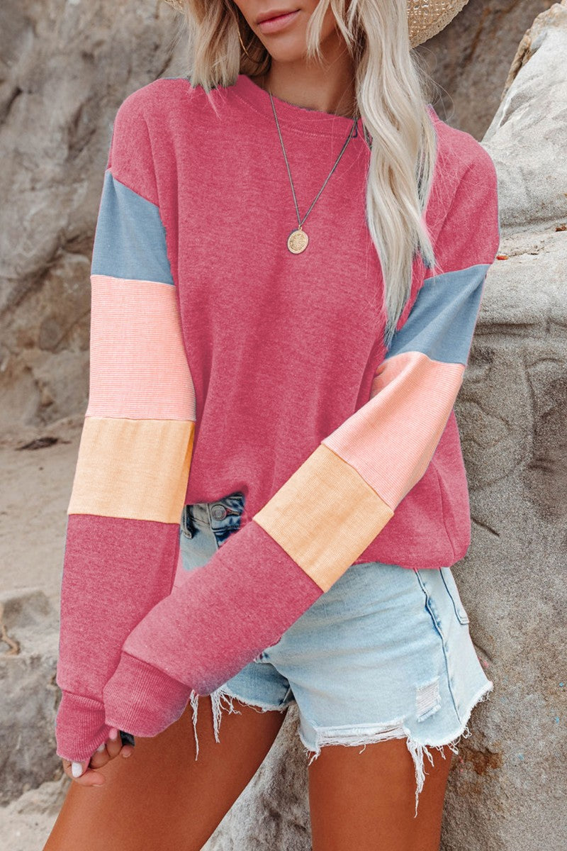 Color Block Round Neck Long Sleeve Sweatshirt - ClassiQ
